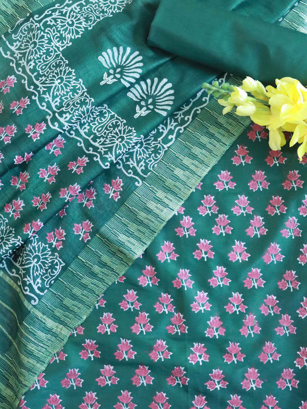 Handloom Block Printed Cotton Silk Salwar Kameez Dupatta Set-Green