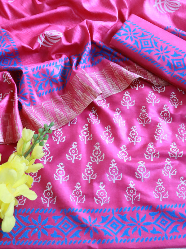 Handloom Block Printed Cotton Silk Salwar Kameez Dupatta Set-Pink