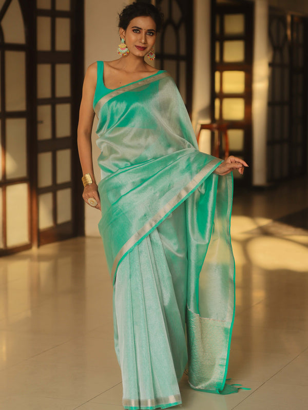 Banarasee Handwoven Plain Tissue Saree-Sea Green