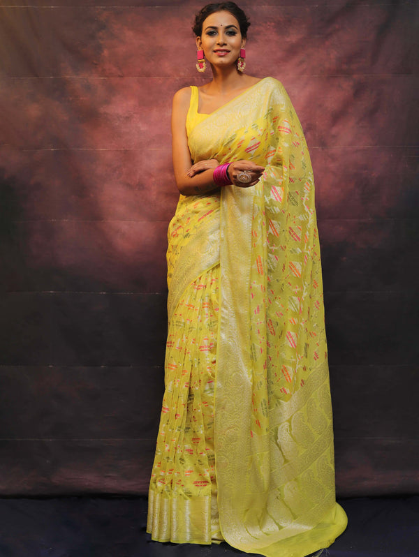 Banarasee Handwoven Semi Silk Saree With Zari & Resham Work-Yellow