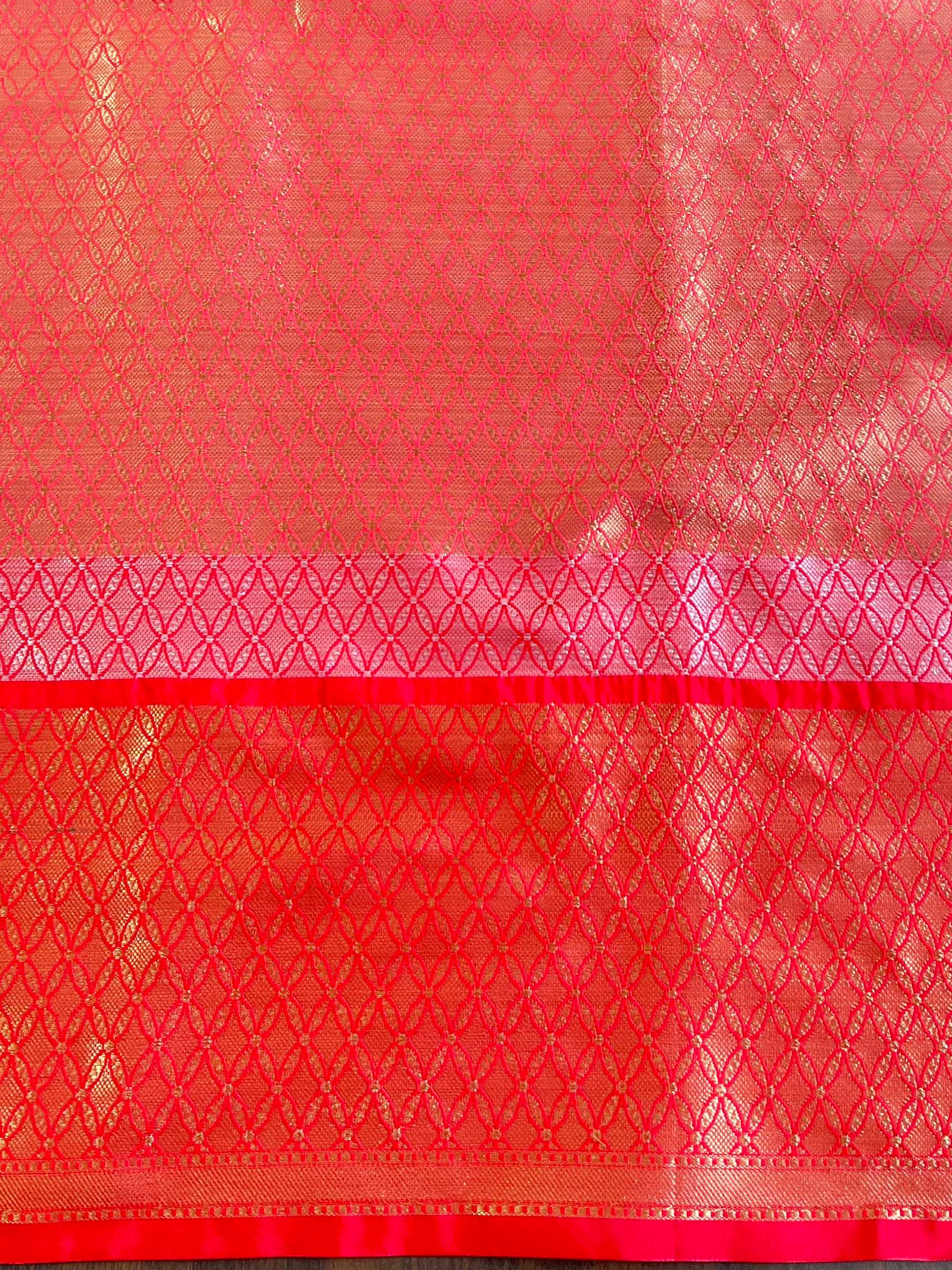 Banarasee Handwoven Broad Border Zari Jaal Design Tissue Saree-Pink & Red
