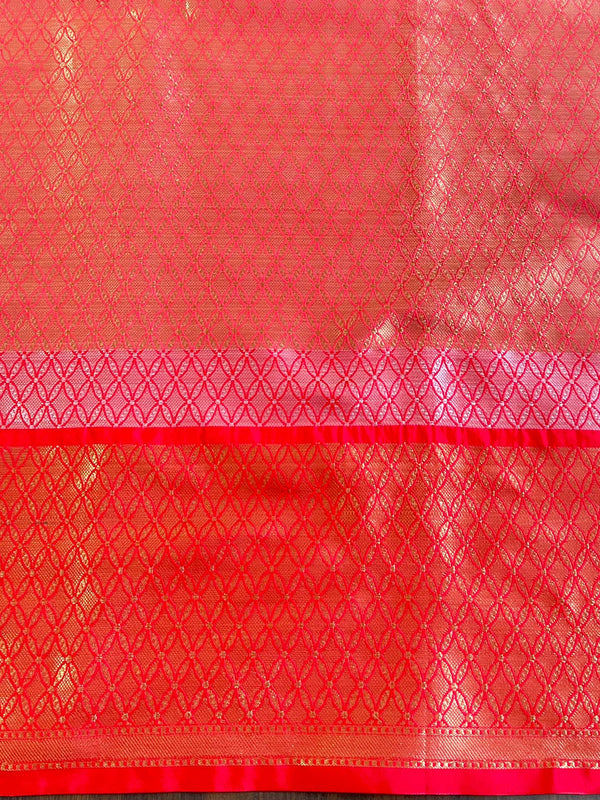 Banarasee Handwoven Broad Border Zari Jaal Design Tissue Saree-Pink & Red