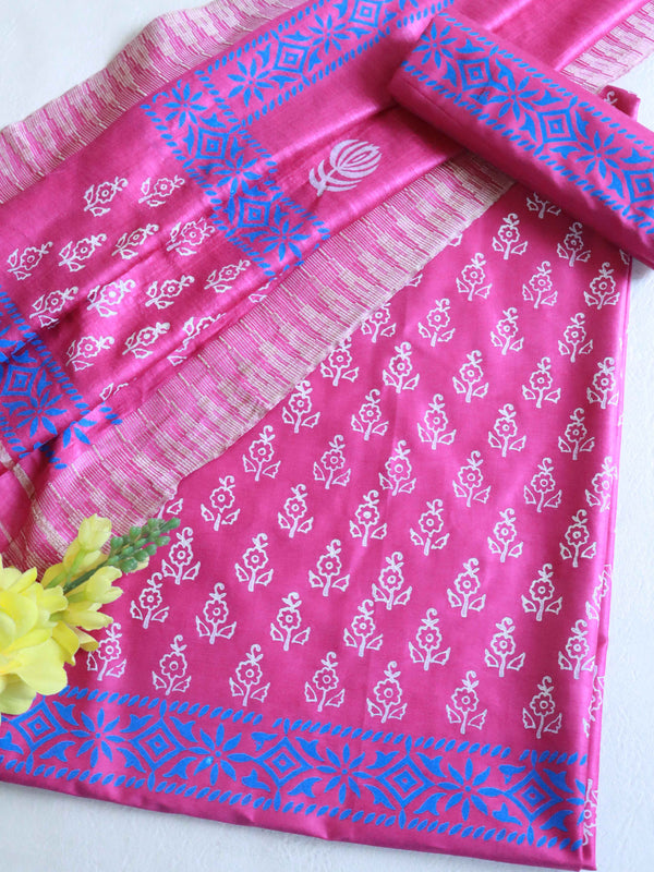 Handloom Block Printed Cotton Silk Salwar Kameez Dupatta Set-Pink