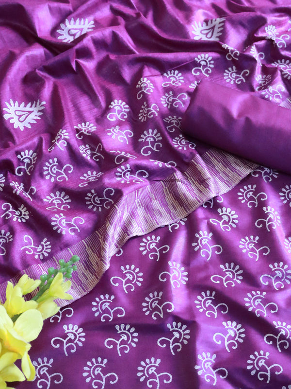 Handloom Block Printed Cotton Silk Salwar Kameez Dupatta Set-Violet