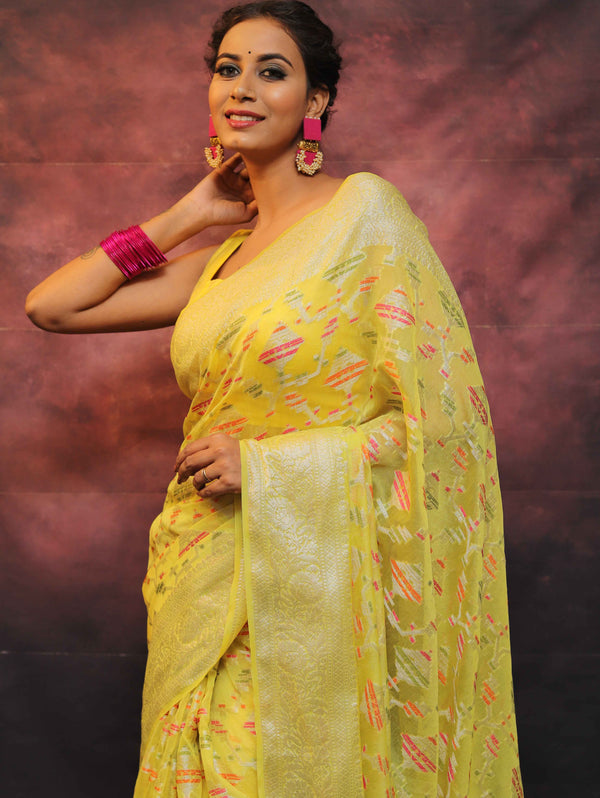 Banarasee Handwoven Semi Silk Saree With Zari & Resham Work-Yellow