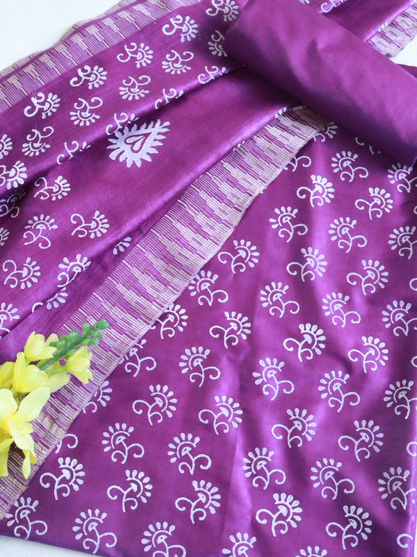 Handloom Block Printed Cotton Silk Salwar Kameez Dupatta Set-Violet