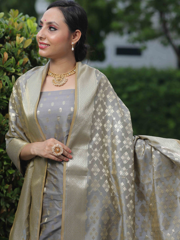 Banarasee Salwar Kameez Semi Katan Silk Fabric With Zari Work-Grey