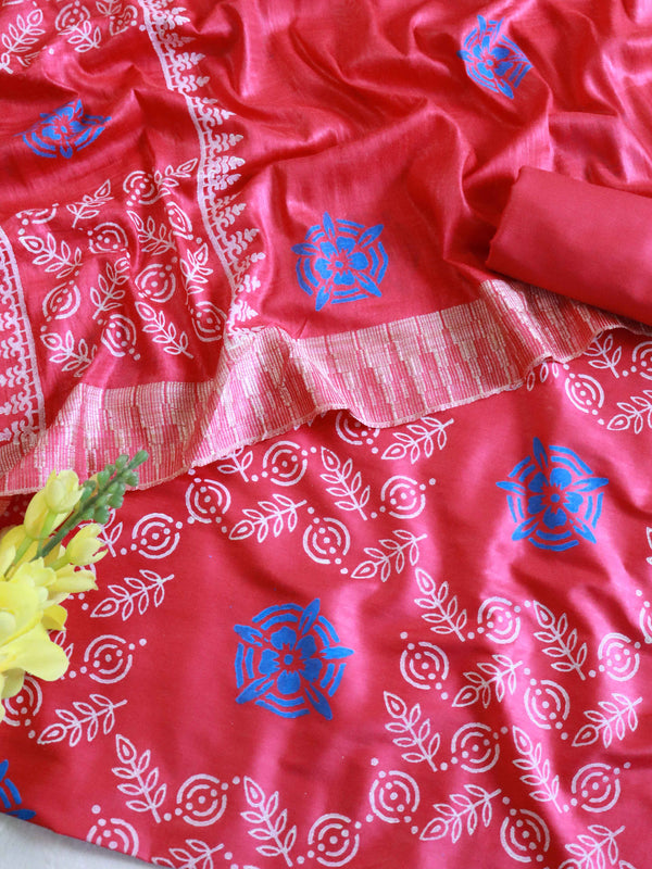 Handloom Block Printed Cotton Silk Salwar Kameez Dupatta Set-Red