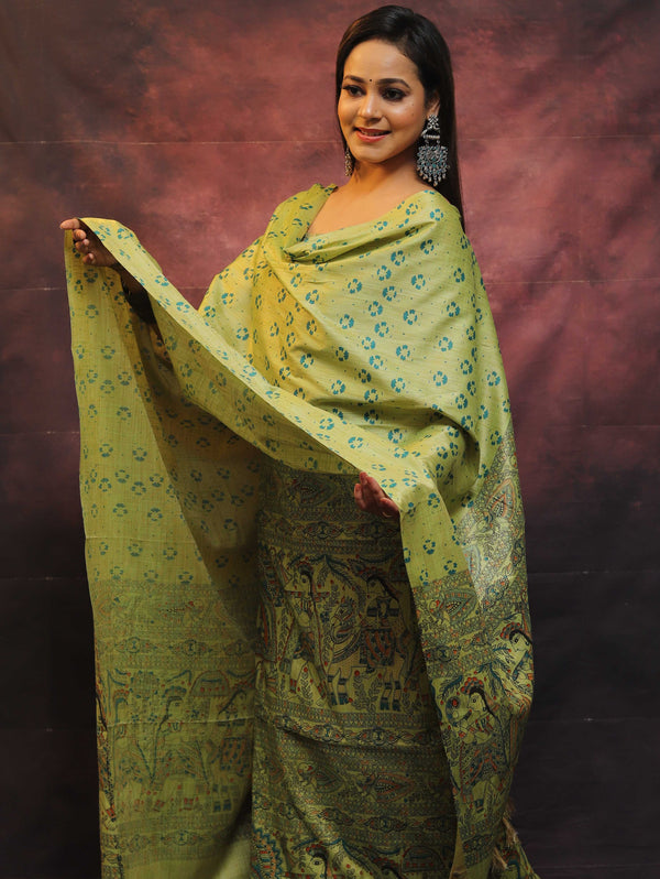 Pure Handloom Khadi Cotton Madhubani Print Salwar Kameez Dupatta Set-Green