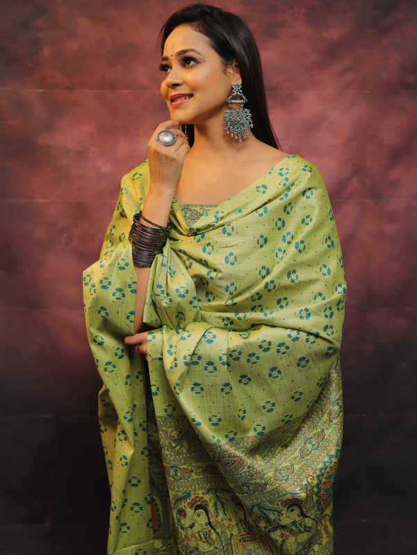 Pure Handloom Khadi Cotton Madhubani Print Salwar Kameez Dupatta Set-Green