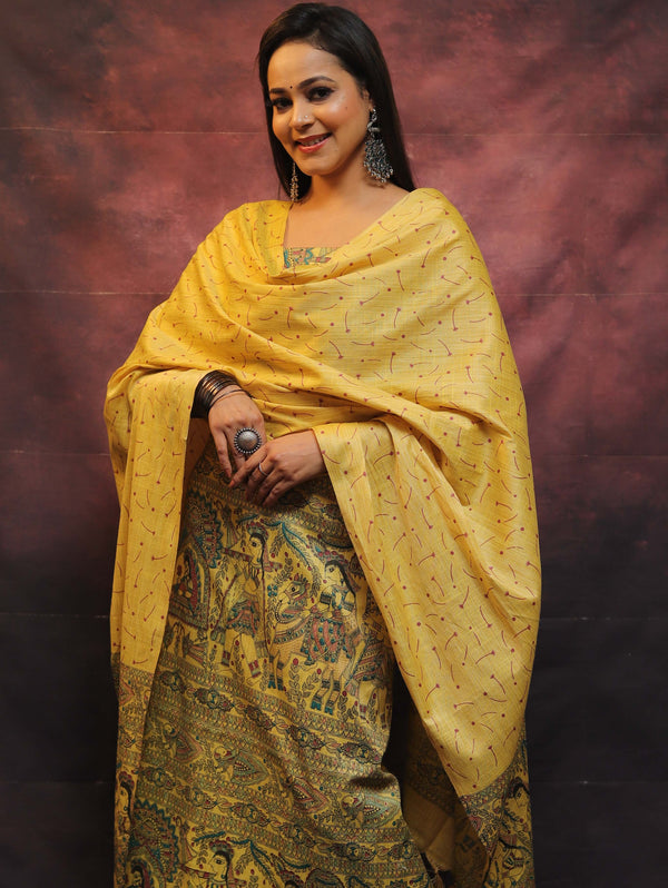 Pure Handloom Khadi Cotton Madhubani Print Salwar Kameez Dupatta Set-Yellow