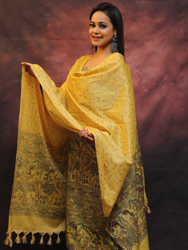 Pure Handloom Khadi Cotton Madhubani Print Salwar Kameez Dupatta Set-Yellow