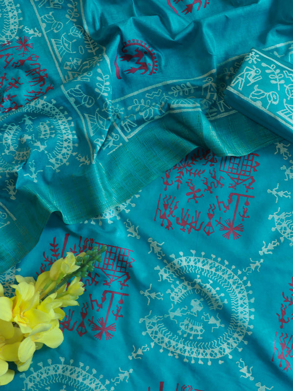 Handloom Block Printed Cotton Silk Salwar Kameez Dupatta Set-Blue