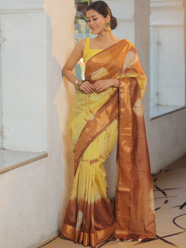 Bhagalpur Cotton Silk Ghichha Work Hand-Dyed Shibori Pattern Saree-Yellow & Brown