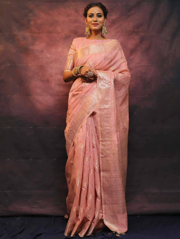 Banarasee Handloom Linen Silk Mix Zari Work Saree-Pink