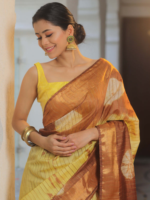 Bhagalpur Cotton Silk Ghichha Work Hand-Dyed Shibori Pattern Saree-Yellow & Brown