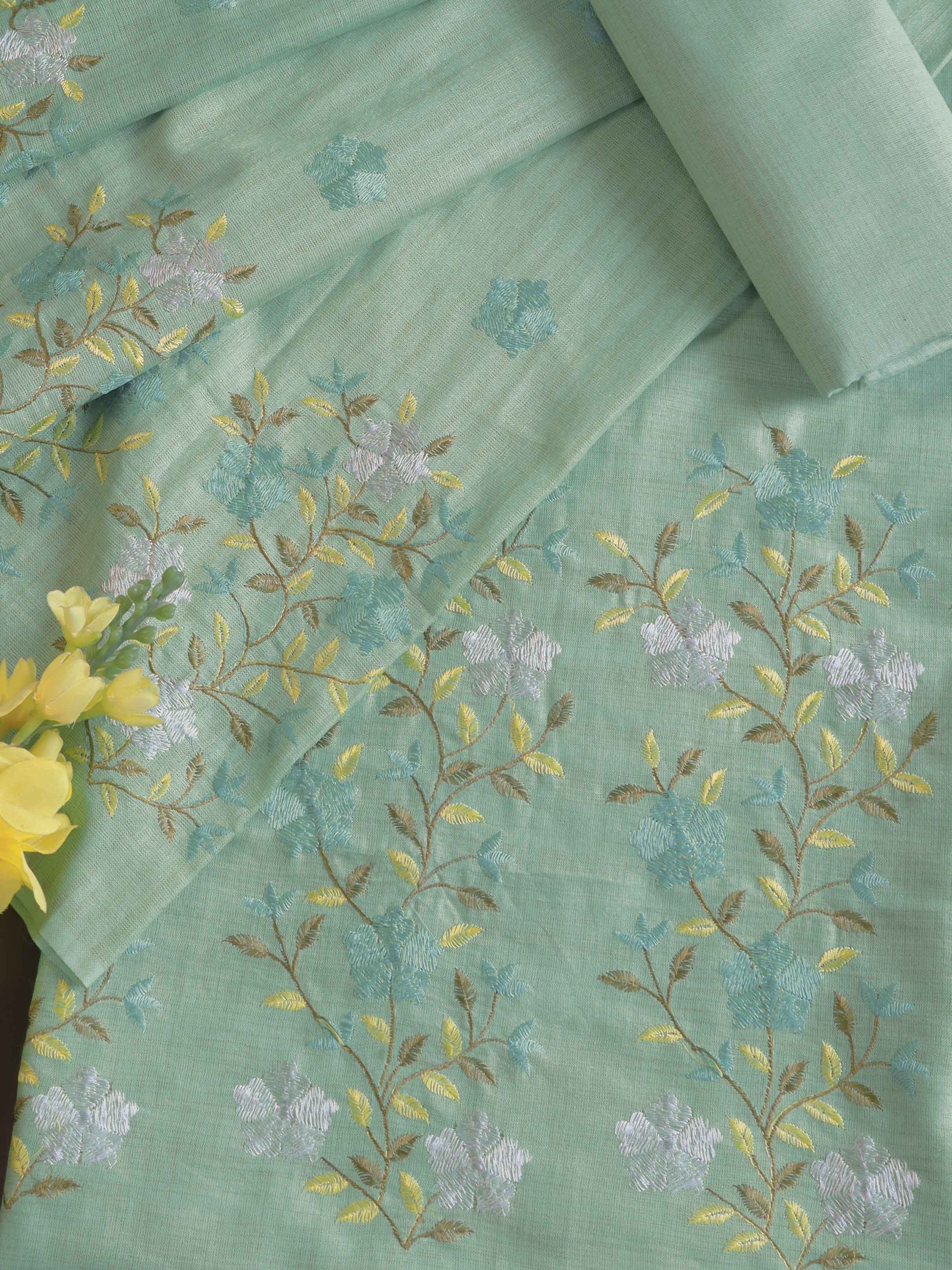 Handloom Khadi Cotton Embroidery Salwar Kameez Dupatta Set-Green Handloom Khadi Cotton Embroidery Salwar Kameez Dupatta Set-Green