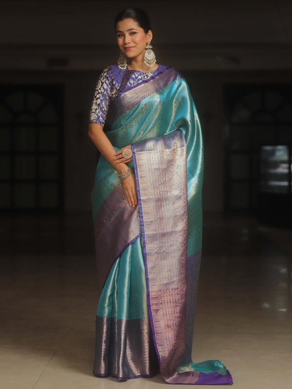 Banarasee Handwoven Broad Border Zari Design Tissue Saree-Blue