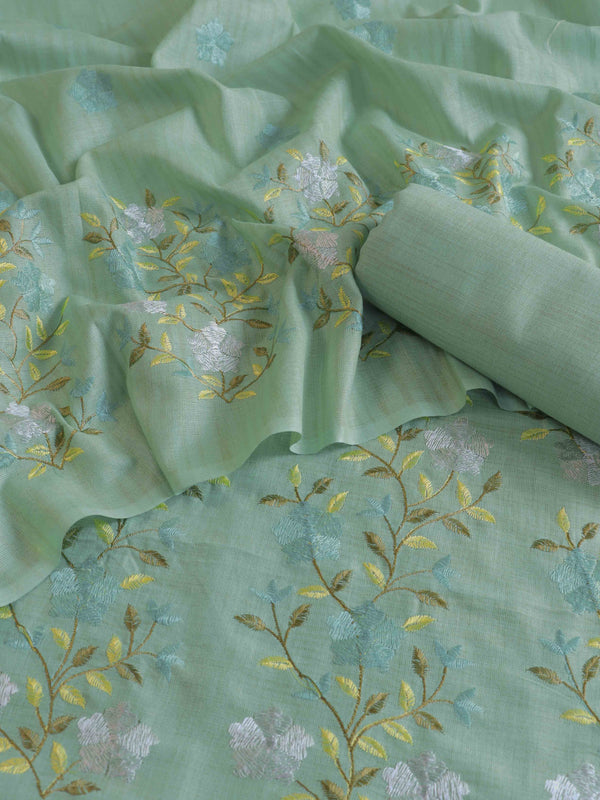 Handloom Khadi Cotton Embroidery Salwar Kameez Dupatta Set-Green