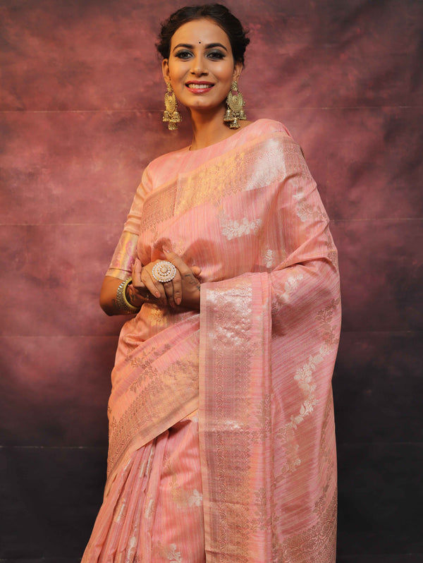 Banarasee Handloom Linen Silk Mix Zari Work Saree-Pink