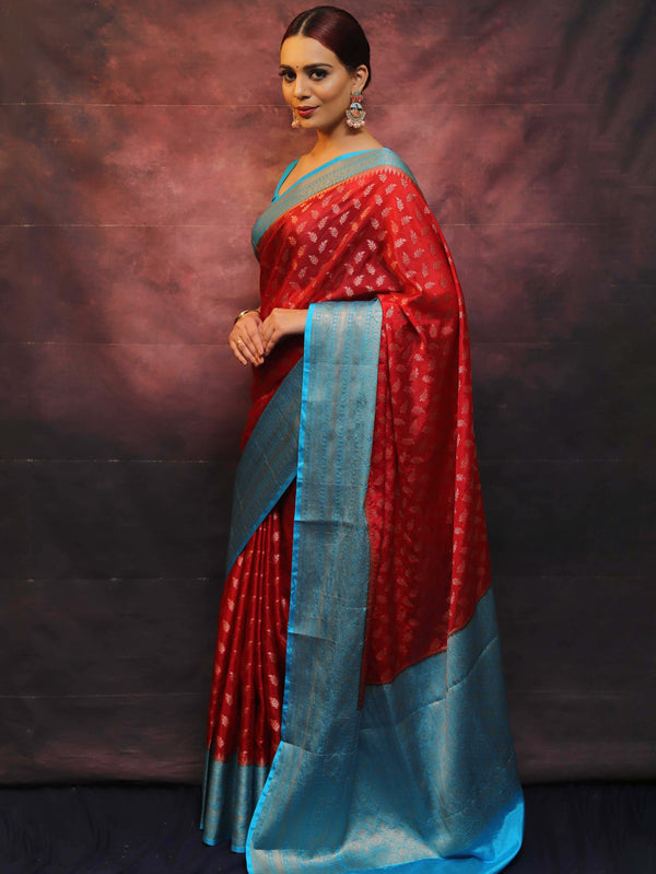 Banarasee Handwoven Semi Silk Saree With Zari & Contrast Border-Red & Blue