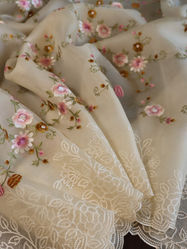 Banarasee Pure Organza Silk Saree With Floral Resham Embroidery-Cream