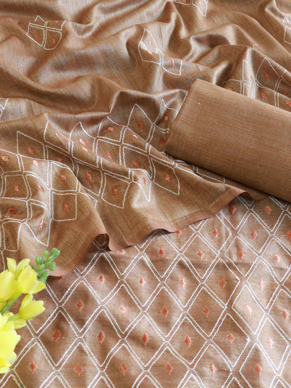 Handloom Khadi Cotton Embroidery Salwar Kameez Dupatta Set-Brown
