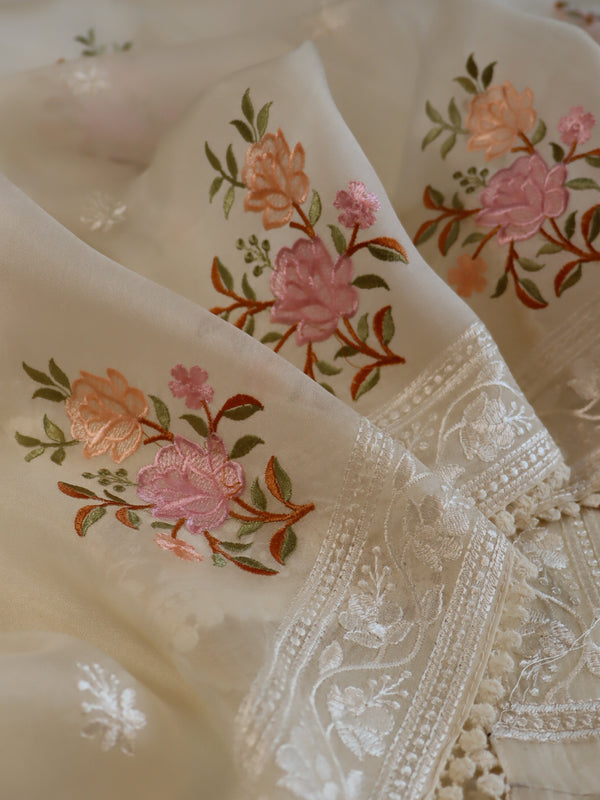 Banarasee Pure Organza Silk Saree With Floral Resham Embroidery-Cream