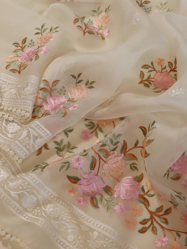 Banarasee Pure Organza Silk Saree With Floral Resham Embroidery-Cream