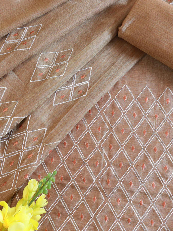 Handloom Khadi Cotton Embroidery Salwar Kameez Dupatta Set-Brown