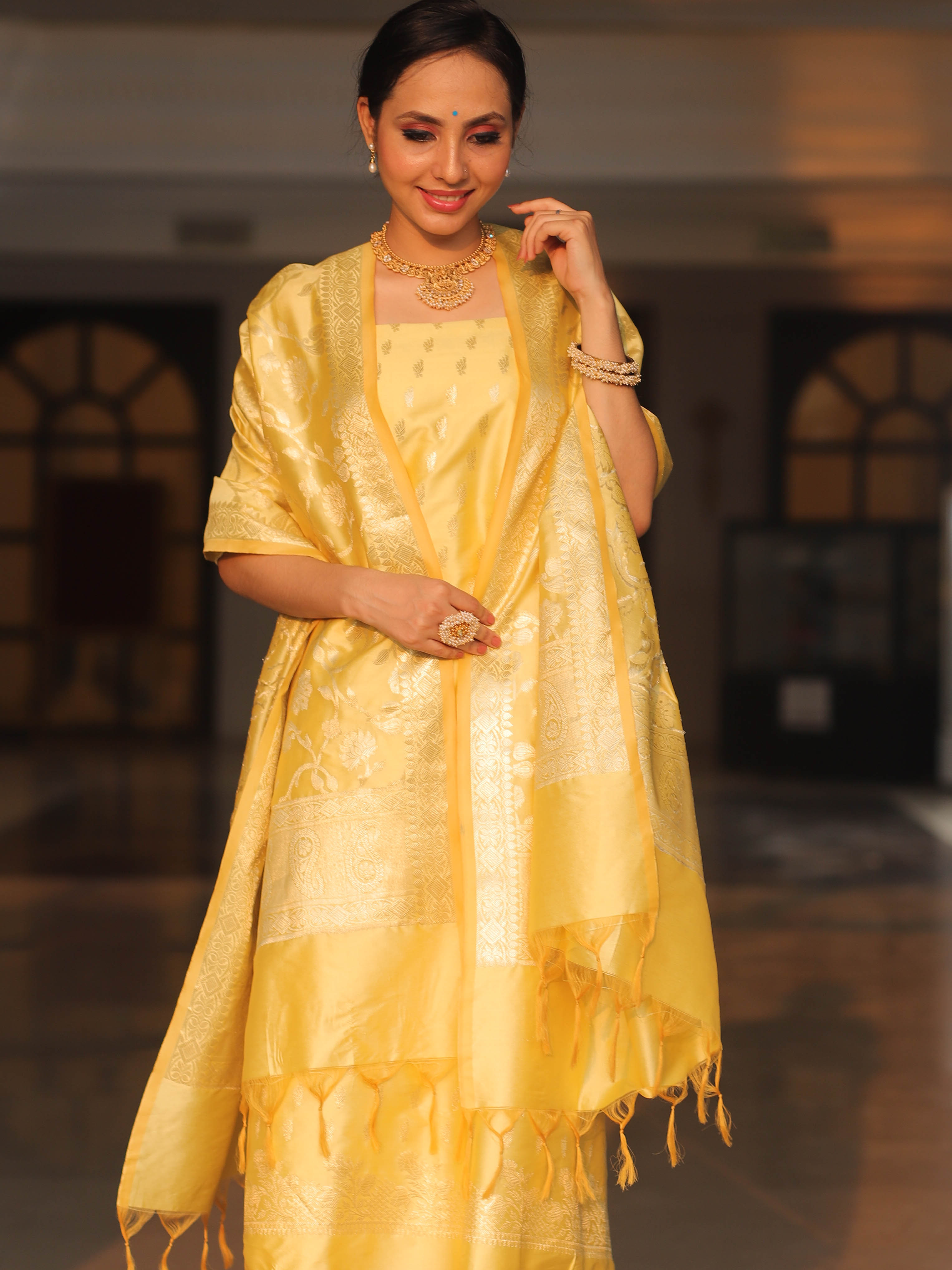 Banarasee Salwar Kameez Semi Katan Silk Fabric With Zari Work-Yellow