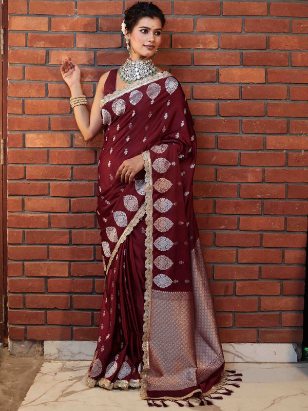 Banarasee Handwoven Mashru Silk Saree With Sona Rupa Zari Buta Design Border & Lace-Dark Maroon