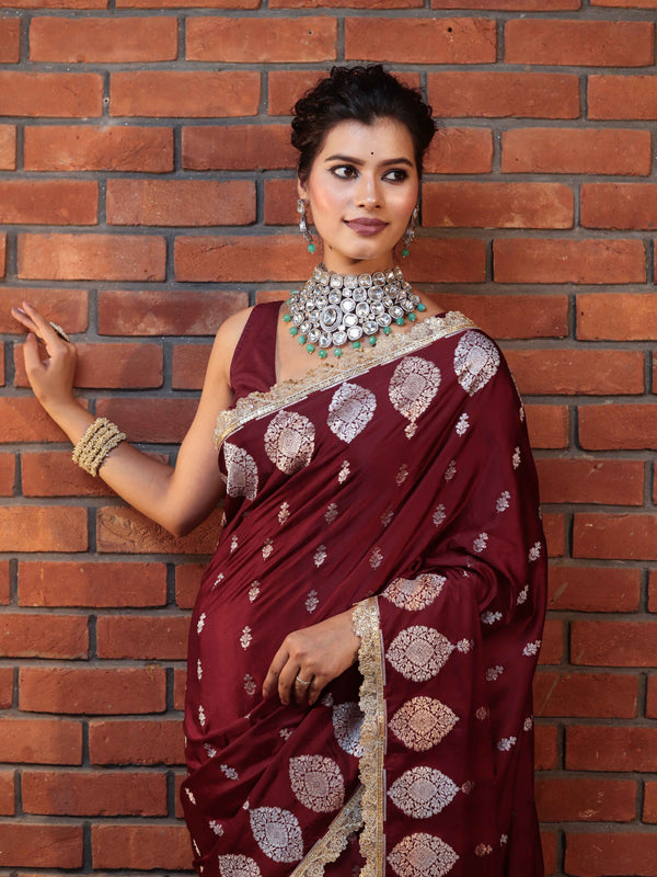 Banarasee Handwoven Mashru Silk Saree With Sona Rupa Zari Buta Design Border & Lace-Dark Maroon