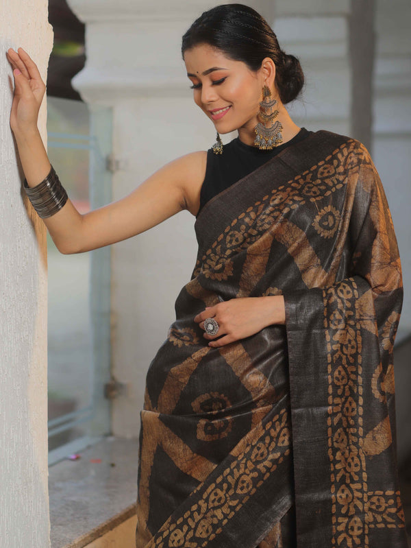 Bhagalpur Handloom Pure Linen Cotton Shibori Saree-Black & Brown