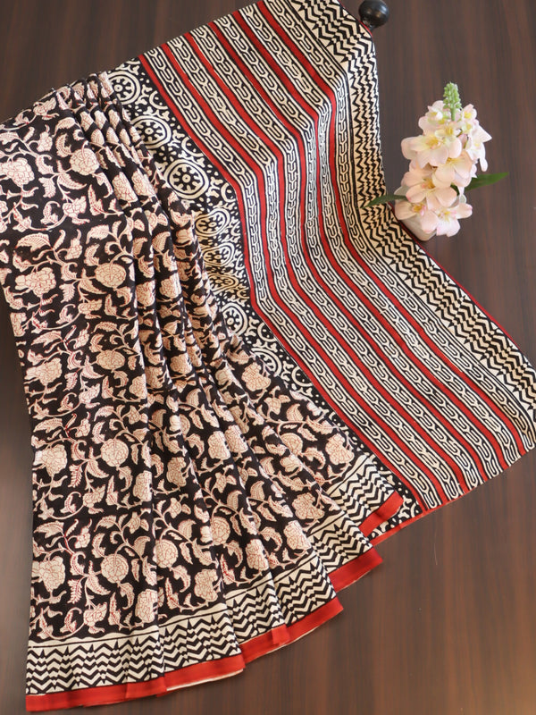Banarasee Handloom Modal Silk Block Print Saree-Black