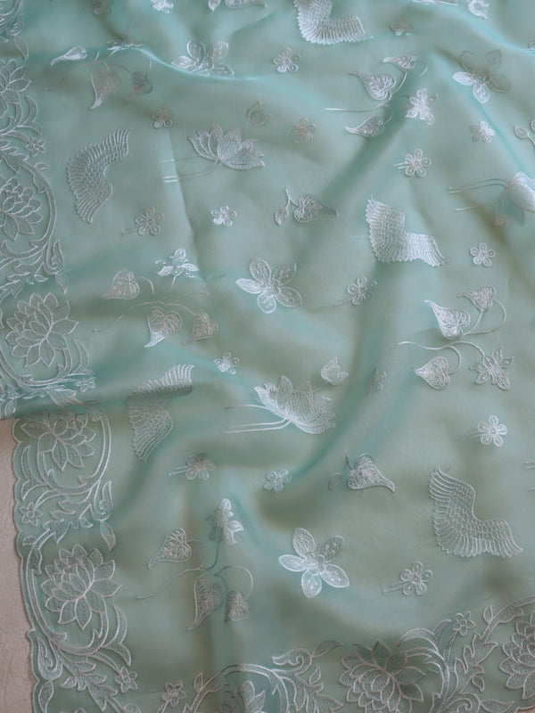 Banarasee Pure Organza Silk Saree With Floral Resham Embroidery-Sea Green