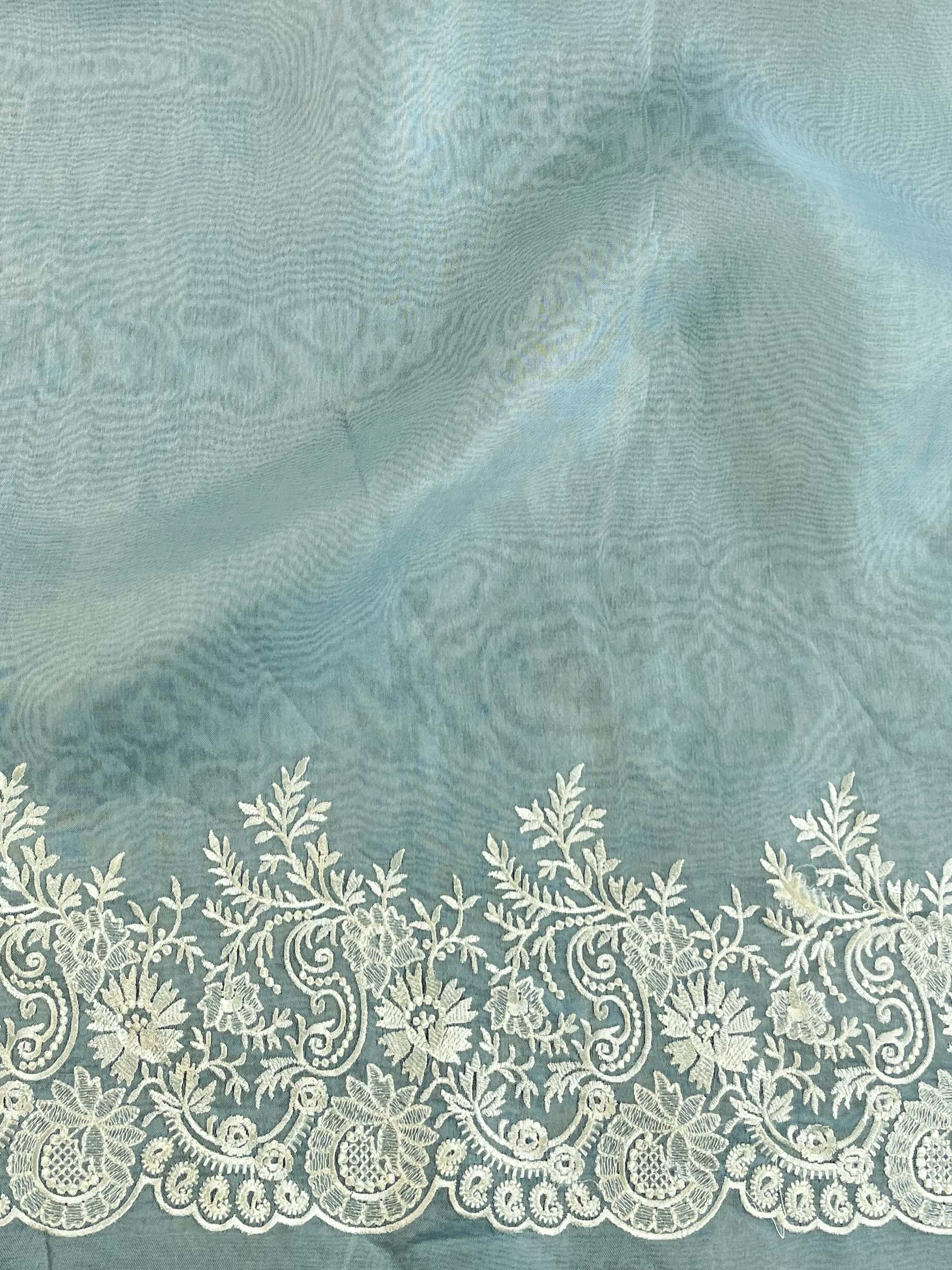 Banarasee Pure Organza Silk Saree With Floral Resham Embroidery-Pastel Blue