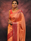 Banarasee Semi Silk Zari Buti Saree With Contrast Border-Peach & Red
