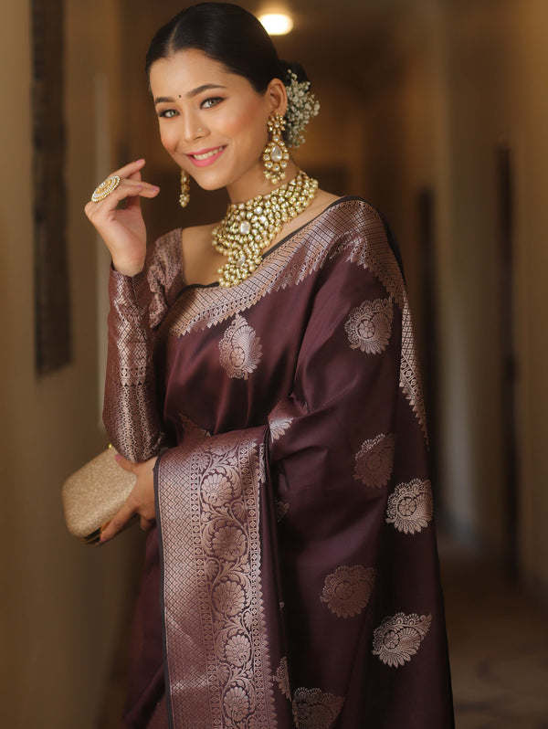 Banarasee Handwoven Semi Silk Saree With Zari Buti Design-Brown