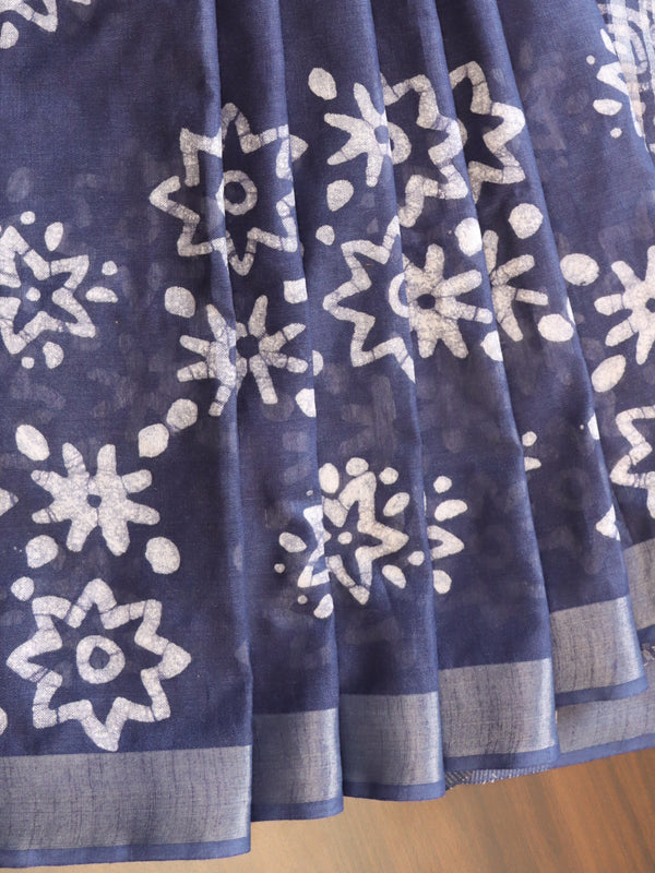 Bhagalpur Handloom Pure Linen Cotton Batik Pattern Saree-Blue