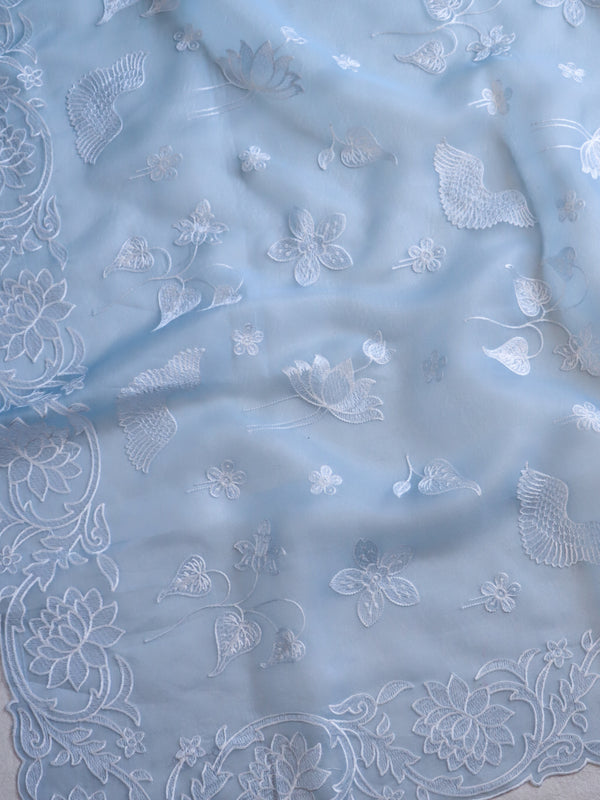 Banarasee Pure Organza Silk Saree With Floral Resham Embroidery-Pastel Blue