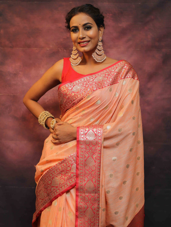 Banarasee Cotton Silk Mix Banswada Sari With Zari Buta & Contrast Border-Peach & Red