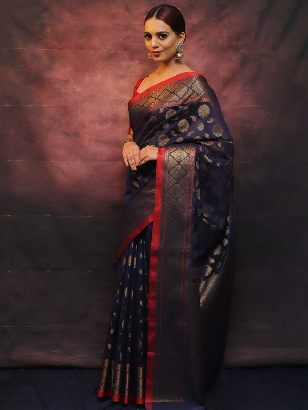 Banarasee Handwoven Pure Silk Cotton Saree With Antique Zari Buti & Border-Blue