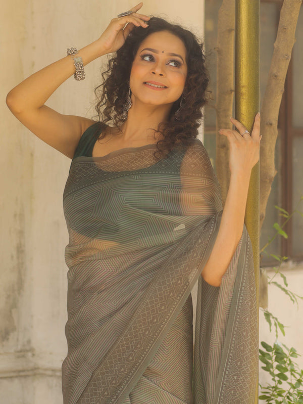 Banarasee Organza Mix Printed Saree-Green