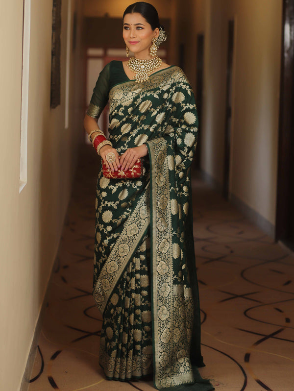 Banarasee Semi-Katan Zari Jaal Saree-Green