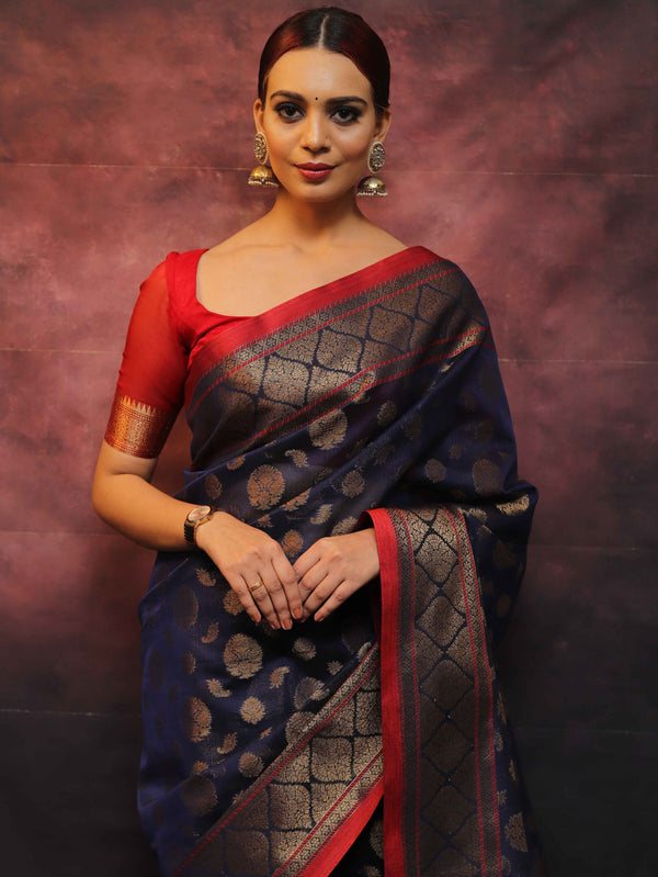 Banarasee Handwoven Pure Silk Cotton Saree With Antique Zari Buti & Border-Blue