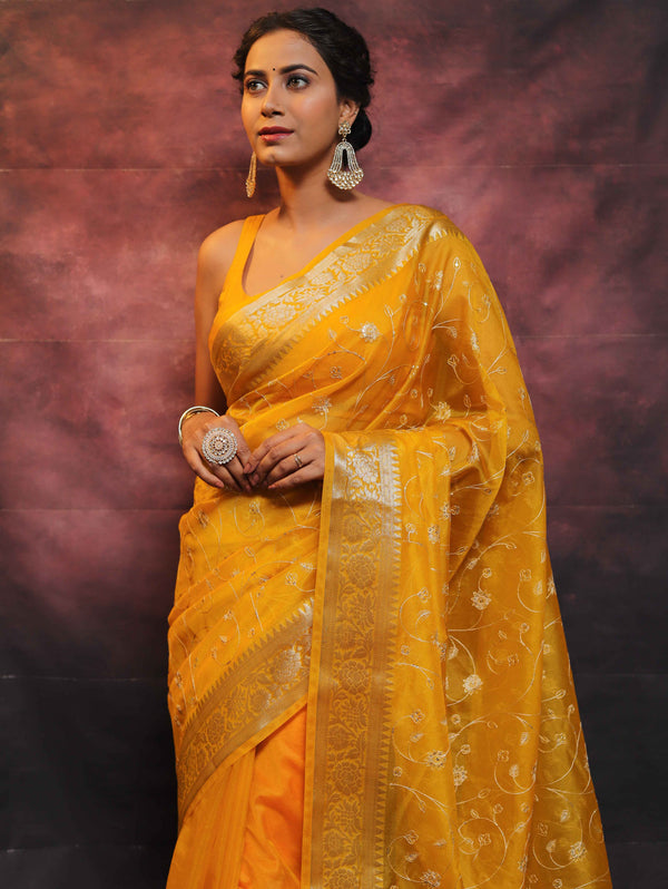 Banarasee Organza Floral Embroidery Sequin Work Saree-Mustard Yellow