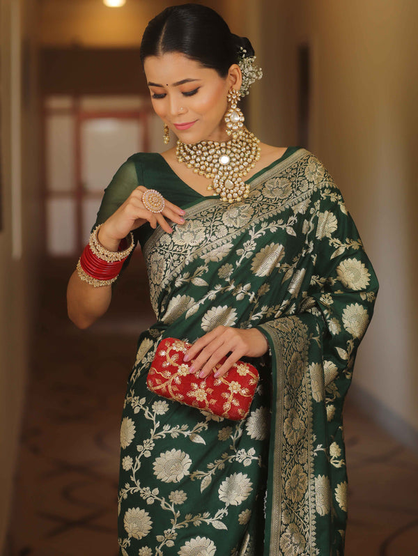 Banarasee Semi-Katan Zari Jaal Saree-Green