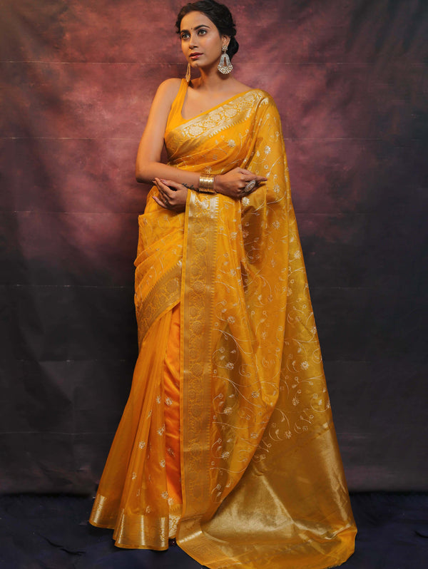Banarasee Organza Floral Embroidery Sequin Work Saree-Mustard Yellow