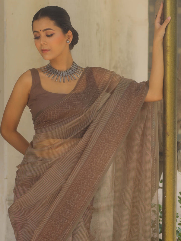 Banarasee Organza Mix Printed Saree-Brown